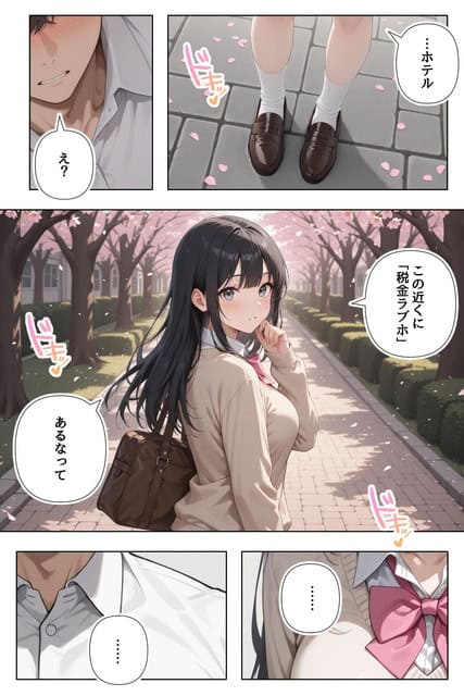 桜並木の通学路で黒髪の女子が立ち止まって振り向き、「税金ラブホあるなって」と男性に伝える
